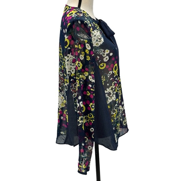 Rachel Rachel Roy Long Sleeve Floral Print Tie V-Neck Sheer Blouse - Blue - 10 - Picture 2 of 9